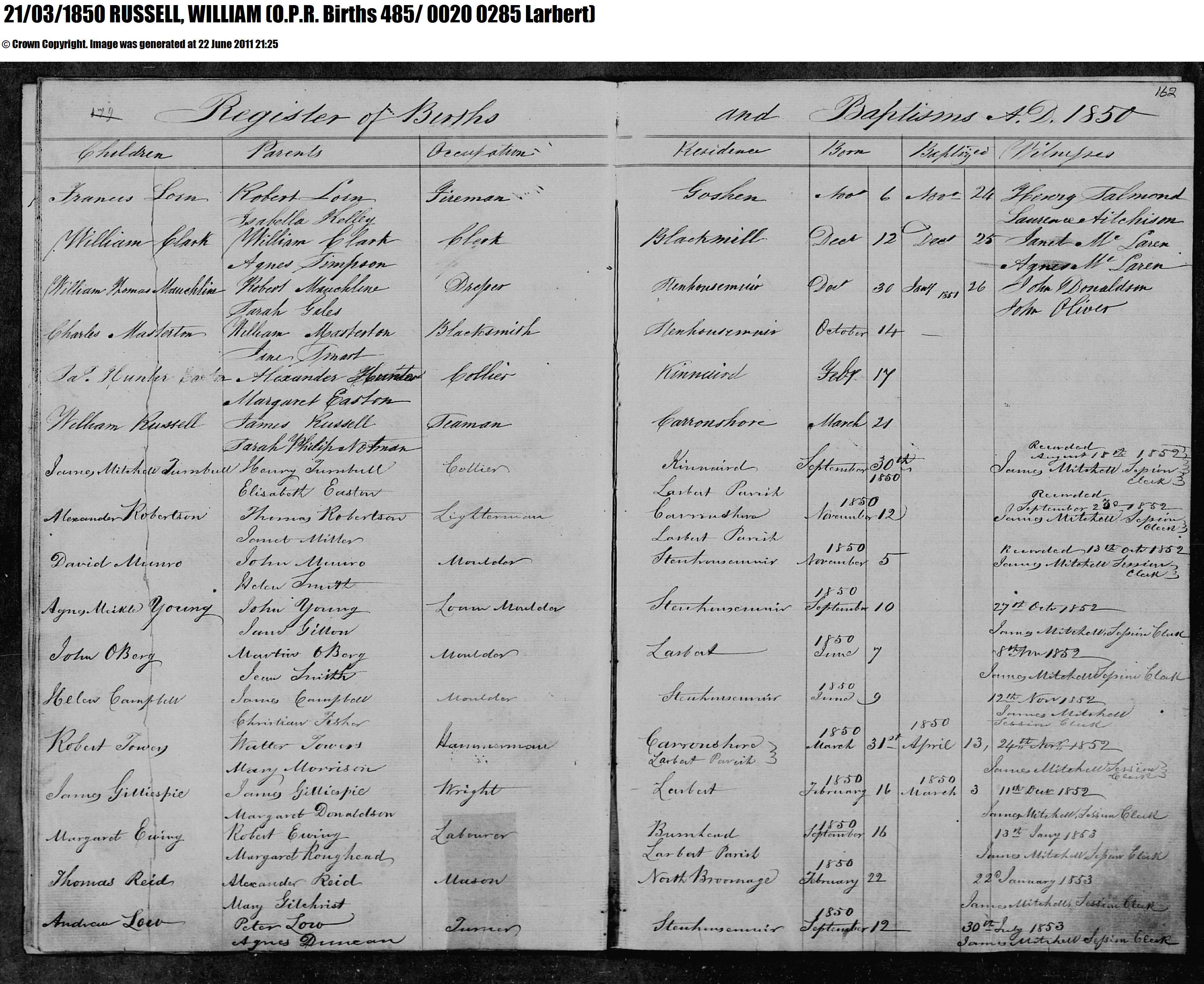 Birth Register Entry 1850 William Notman RUSSELL, March 21, 1850, Linked To: <a href='i933.html' >William Notman Russell</a>
